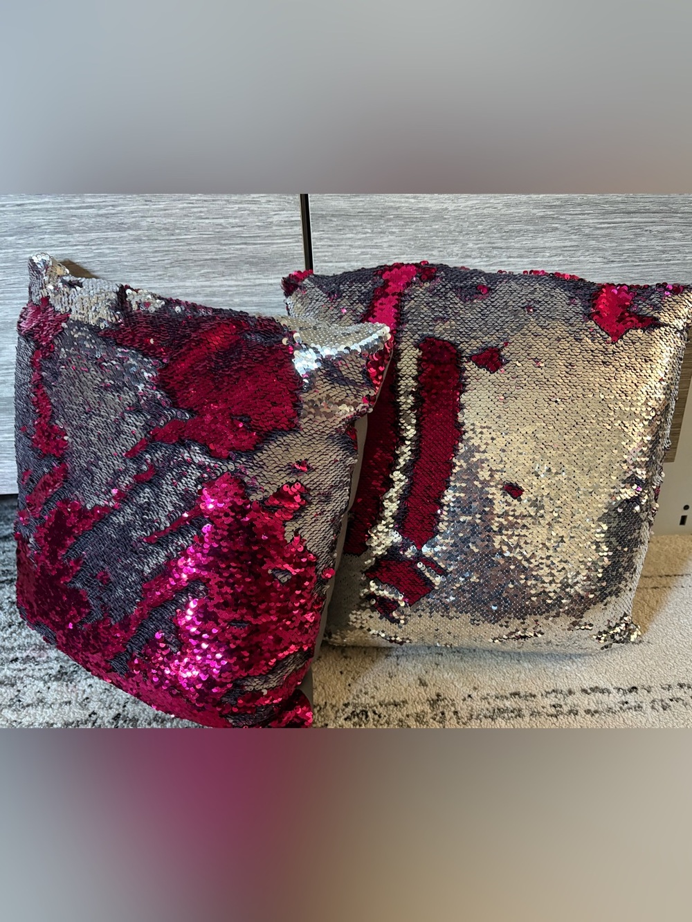 Set of 2 Mermaid Sequin Throw Pillows Fuchsia and Silver